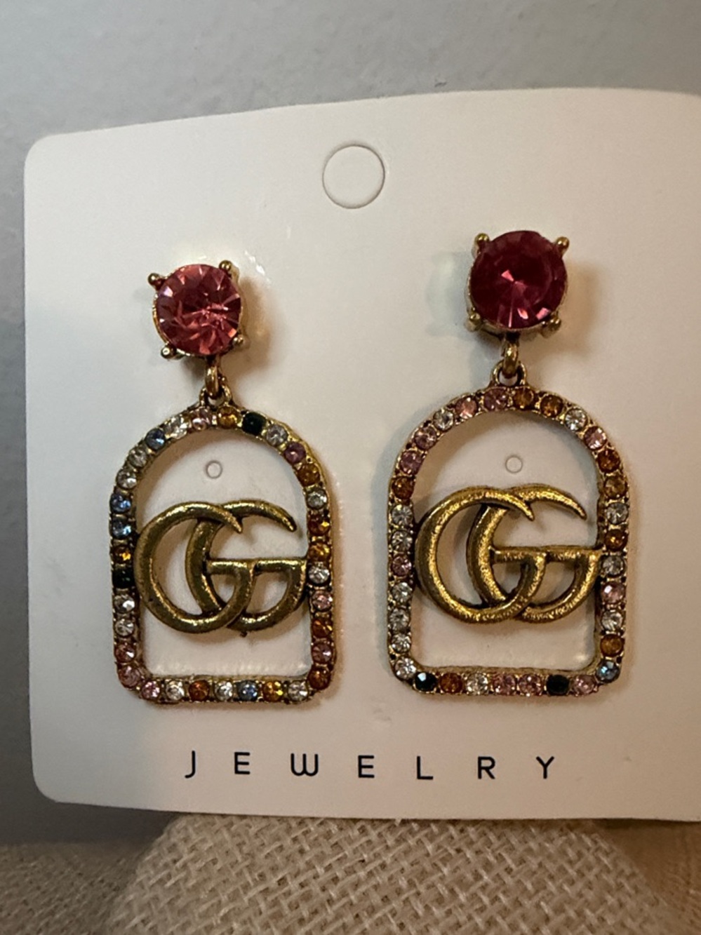 GG Gold-Tone Pink Crystal Drop Earrings post backs